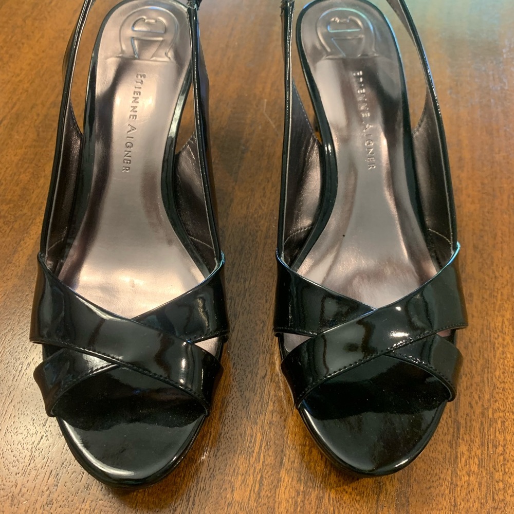 Etienne Aigner Black patent leather peep toe sling back heels